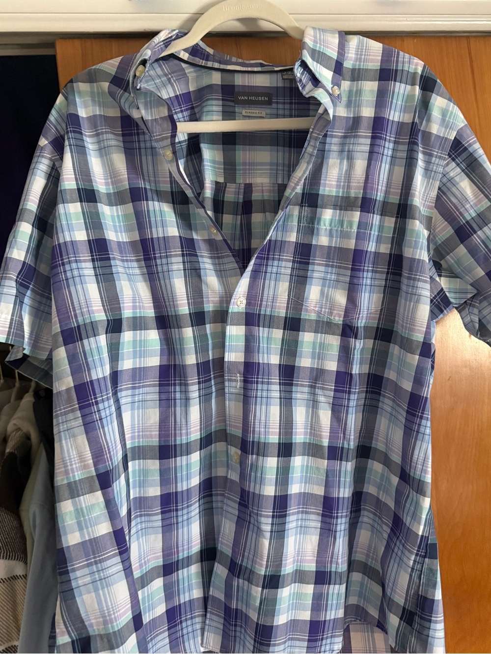 Van Heusen Plaid Short-Sleeve Button-Down Shirt in Blue and Purple Tones